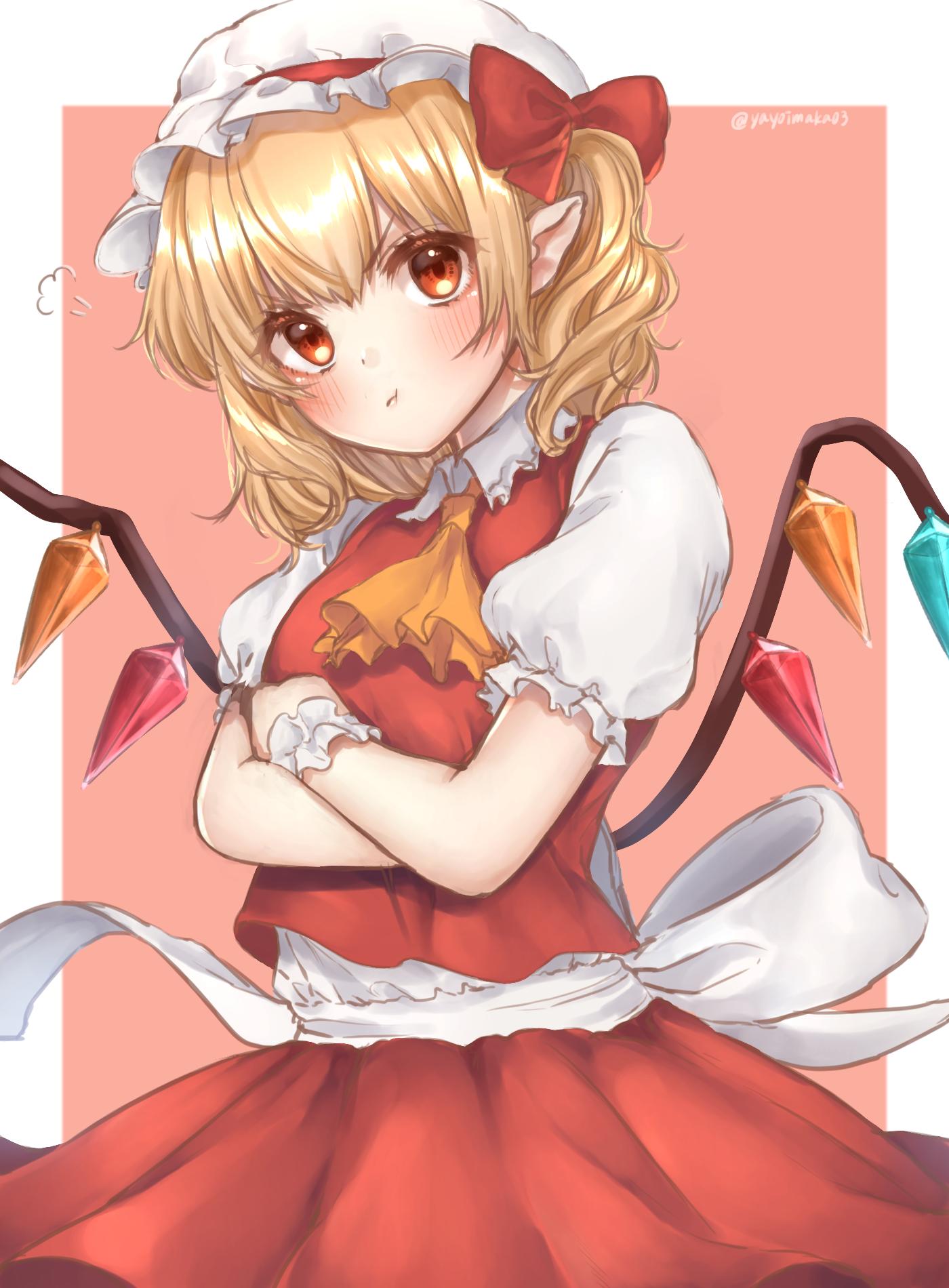 1girl :t =3 artist_name ascot bangs blonde_hair blush border bow commentary_request cowboy_shot crossed_arms crystal eyebrows_visible_through_hair flandre_scarlet frilled_shirt_collar frills hat hat_bow head_tilt highres looking_at_viewer mob_cap outside_border pink_background pointy_ears pout puffy_short_sleeves puffy_sleeves red_bow red_eyes red_skirt red_vest shirt short_sleeves simple_background skirt skirt_set solo standing touhou twitter_username v-shaped_eyebrows vest white_border white_headwear white_shirt wings wrist_cuffs yayoimaka03 yellow_neckwear