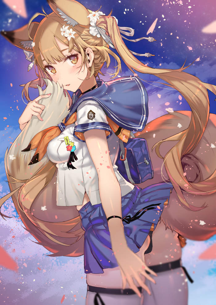 1girl animal_ear_fluff animal_ears bag black_panties blonde_hair blue_sailor_collar blue_skirt blurry blush breasts clouds commentary_request day depth_of_field emblem extra_ears floating_hair flower fox_ears fox_girl fox_tail from_side hair_flower hair_ornament holding_tail long_hair looking_at_viewer medium_breasts miniskirt neckerchief original outdoors panties pantyshot pantyshot_(standing) parted_lips pleated_skirt sailor_collar school_bag school_uniform serafuku shirt short_sleeves skindentation skirt skirt_lift sky solo standing tail tajima_ryuushi thigh-highs twintails underwear very_long_hair white_legwear white_shirt wind wind_lift yellow_eyes yellow_neckwear