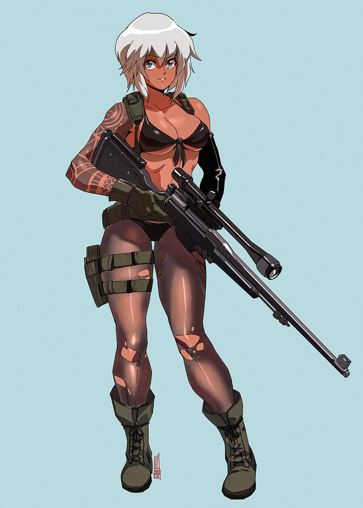 1girl arm_tattoo bikini black_bikini blue_background blue_eyes boots borrowed_character breasts cleavage combat_boots commentary commission cosplay david_liu detached_sleeves english_commentary finger_on_trigger front-tie_bikini front-tie_top full_body gloves green_gloves gun highres large_breasts metal_gear_(series) metal_gear_solid_v original pantyhose quiet_(metal_gear) quiet_(metal_gear)_(cosplay) rifle scope sheer_legwear short_hair silver_hair single_detached_sleeve sniper_rifle solo standing swimsuit tattoo thigh_gap torn_clothes torn_legwear under_boob weapon weapon_request