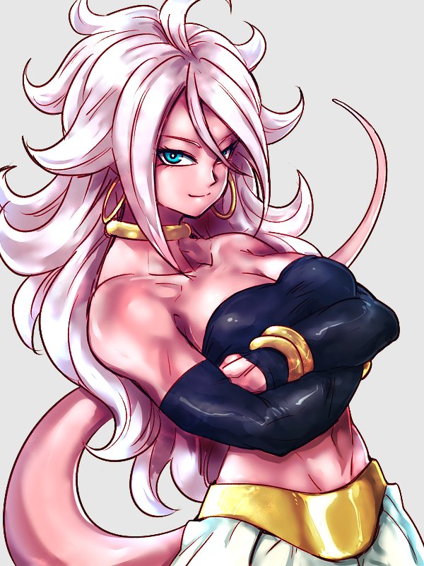 1girl android_21 android_21_(good) bandeau bare_shoulders blue_eyes bracelet breasts cleavage closed_mouth collarbone commentary_request crossed_arms curly_hair detached_sleeves dragon_ball dragon_ball_fighterz earrings grey_background harem_pants hoop_earrings jewelry long_hair looking_at_viewer majin_android_21 medium_breasts monster_girl navel neck_ring pants pink_skin ring smile solo st62svnexilf2p9 tail very_long_hair white_hair white_pants