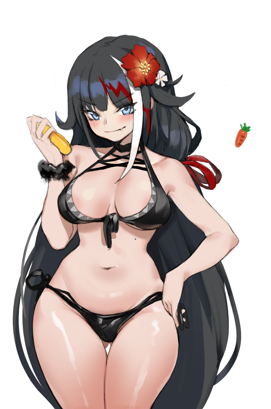 1girl azur_lane bikini black_bikini black_hair blue_eyes breasts carrot closed_mouth commentary cowboy_shot deutschland_(azur_lane) english_commentary eyebrows_visible_through_hair fang_out flower front-tie_bikini front-tie_top gluteal_fold hair_flower hair_ornament halterneck hand_on_hip hibiscus highres long_hair medium_breasts mole_on_body multicolored_hair navel romana scrunchie side-tie_bikini sidelocks simple_background smile solo streaked_hair swimsuit thigh_gap thighs very_long_hair white_background wrist_scrunchie