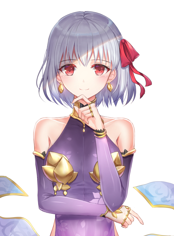 1girl bare_shoulders closed_mouth collarbone earrings eyebrows_visible_through_hair fate/grand_order fate_(series) hair_ribbon jewelry kama_(fate/grand_order) looking_at_viewer red_eyes red_ribbon ribbon ring seungju_lee short_hair silver_hair simple_background smile solo white_background yellow_earrings