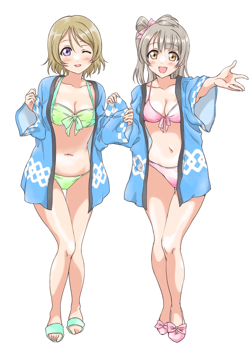 2girls :d ;d bikini bow breasts brown_eyes brown_hair cleavage collarbone full_body green_bikini hair_bow haori japanese_clothes koizumi_hanayo long_hair looking_at_viewer love_live! love_live!_school_idol_project medium_breasts minami_kotori multiple_girls navel one_eye_closed open_mouth outstretched_arm pink_bikini pink_bow short_hair side_ponytail silver_hair simple_background smile standing swimsuit tetopetesone thigh_strap violet_eyes white_background