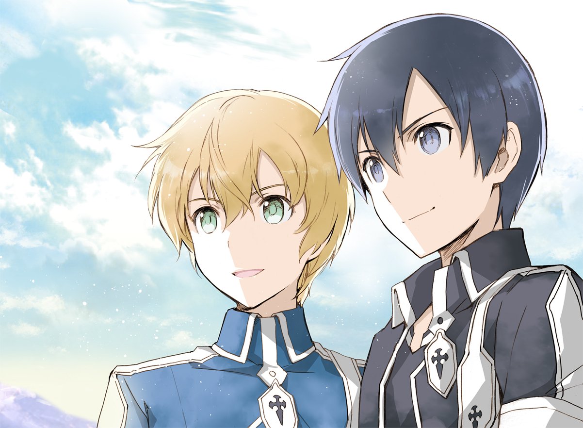 2boys black_eyes black_hair black_jacket black_shirt blonde_hair blue_jacket closed_mouth clouds commentary_request day eugeo green_eyes hair_between_eyes jacket kirito looking_away male_focus multiple_boys open_clothes open_eyes open_jacket open_mouth shirt short_hair sky smile sword_art_online sword_art_online_alicization yamada_koutarou