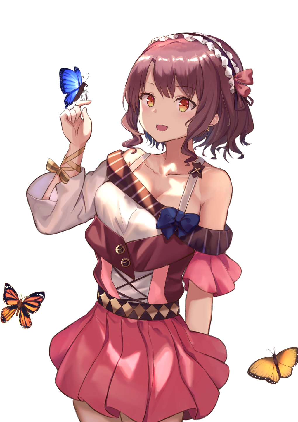 1girl :d asymmetrical_sleeves bare_shoulders breasts brown_hair bug butterfly cleavage collarbone cowboy_shot earrings hand_up headdress highres insect jewelry looking_at_viewer medium_breasts miniskirt mosta_(lo1777789) off_shoulder open_mouth orange_eyes original pink_skirt shirt short_hair sidelocks simple_background skirt smile solo standing white_background white_shirt