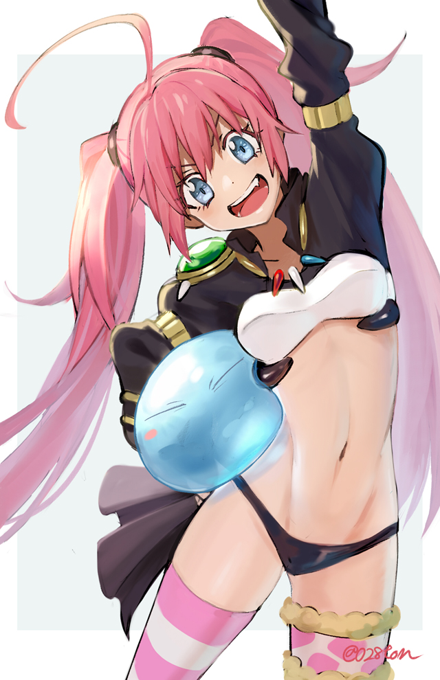 1girl ahoge asymmetrical_legwear black_panties blue_eyes closed_eyes fangs midriff milim_nava navel open_mouth otton panties pink_hair rimuru_tempest slime smile solo striped striped_legwear tensei_shitara_slime_datta_ken thigh-highs twintails underwear