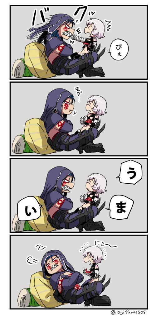 /\/\/\ 1boy 1girl 4koma :d asaya_minoru bandage bandaged_arm bandages bangs bare_shoulders black_gloves black_legwear black_shirt blue_hair comic crossed_arms cu_chulainn_alter_(fate/grand_order) eating eyebrows_visible_through_hair facial_mark fate/grand_order fate_(series) feeding fingerless_gloves gloves hair_between_eyes hair_strand holding hood hood_up jack_the_ripper_(fate/apocrypha) lancer legs_crossed long_hair navel open_mouth pillow profile sharp_teeth shirt silver_hair single_glove sitting sleeveless sleeveless_shirt smile surprised teeth thigh-highs translation_request twitter_username