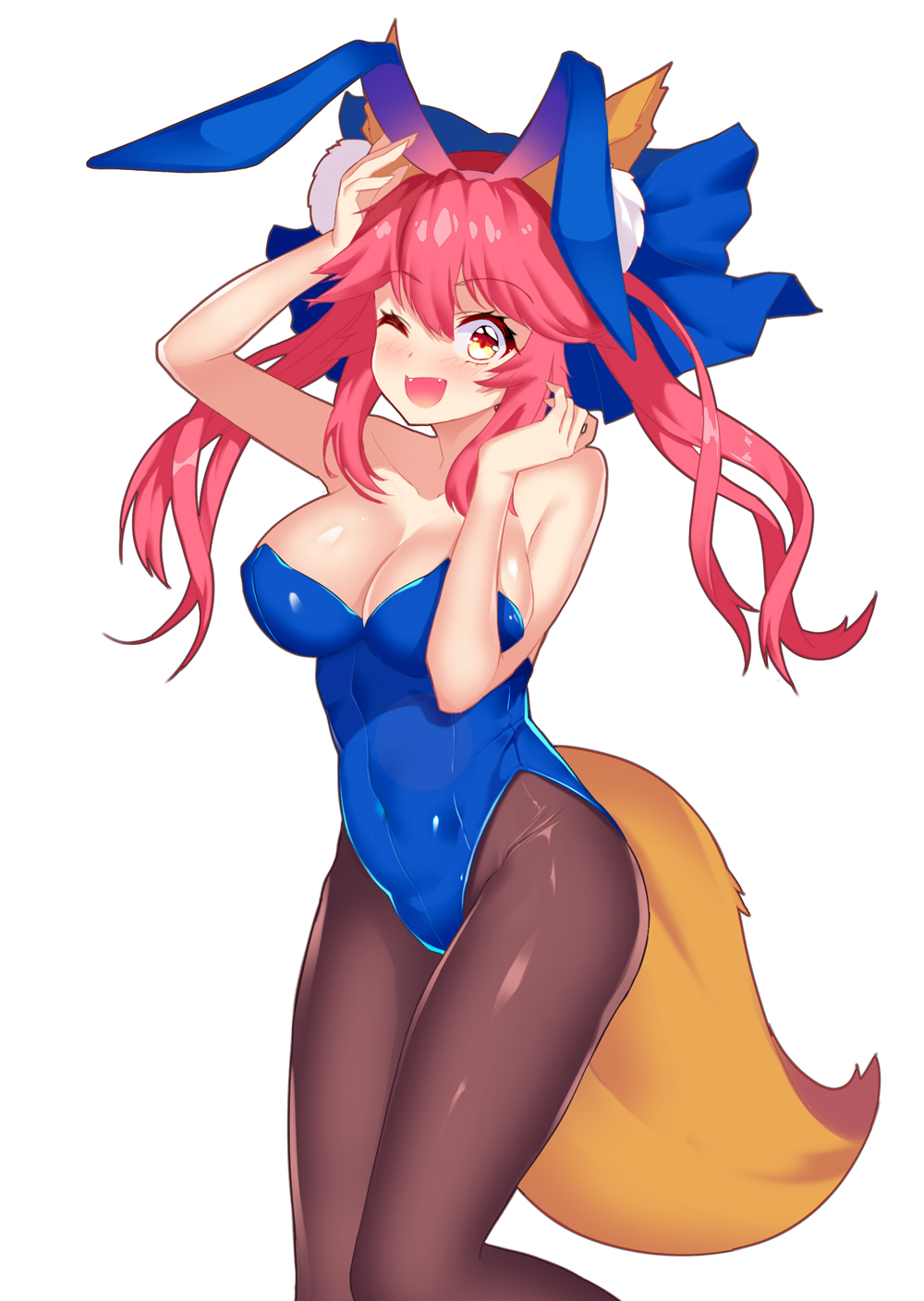 1girl ;d animal_ear_fluff animal_ears arm_up bangs bare_arms bare_shoulders blue_leotard breasts brown_legwear bunny_girl bunnysuit cleavage collarbone covered_navel fake_animal_ears fangs fate/grand_order fate_(series) fox_ears fox_girl fox_tail hair_between_eyes hair_ribbon hand_up highres large_breasts leotard long_hair looking_at_viewer one_eye_closed open_mouth pantyhose pink_hair rabbit_ears ribbon simple_background smile solo tail tamamo_(fate)_(all) tamamo_no_mae_(fate) white_background yellow_eyes yuruto