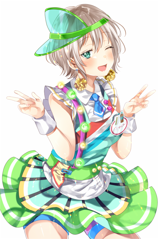 1girl ;d aoba_moca aqua_eyes bang_dream! blue_neckwear blush collared_shirt commentary_request cowboy_shot green_headwear green_skirt grey_hair ito22oji light_bulb looking_at_viewer name_tag neckerchief one_eye_closed open_mouth pom_pom_earrings shirt short_hair shorts shorts_under_skirt sideways_hat simple_background skirt smile solo v visor_cap w waitress white_background wrist_cuffs