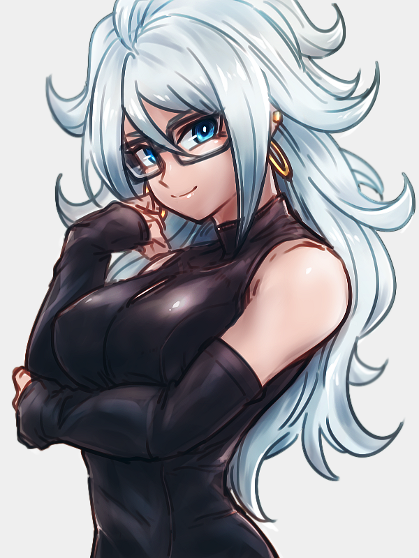 1girl alternate_hair_color android_21 arm_under_breasts arm_up bare_shoulders black-framed_eyewear black_dress blue_eyes breasts closed_mouth commentary_request curly_hair detached_sleeves dragon_ball dragon_ball_fighterz dress earrings glasses grey_background hoop_earrings jewelry long_hair looking_at_viewer majin_android_21 medium_breasts sleeveless sleeveless_dress smile solo st62svnexilf2p9 taut_clothes taut_dress upper_body very_long_hair white_hair