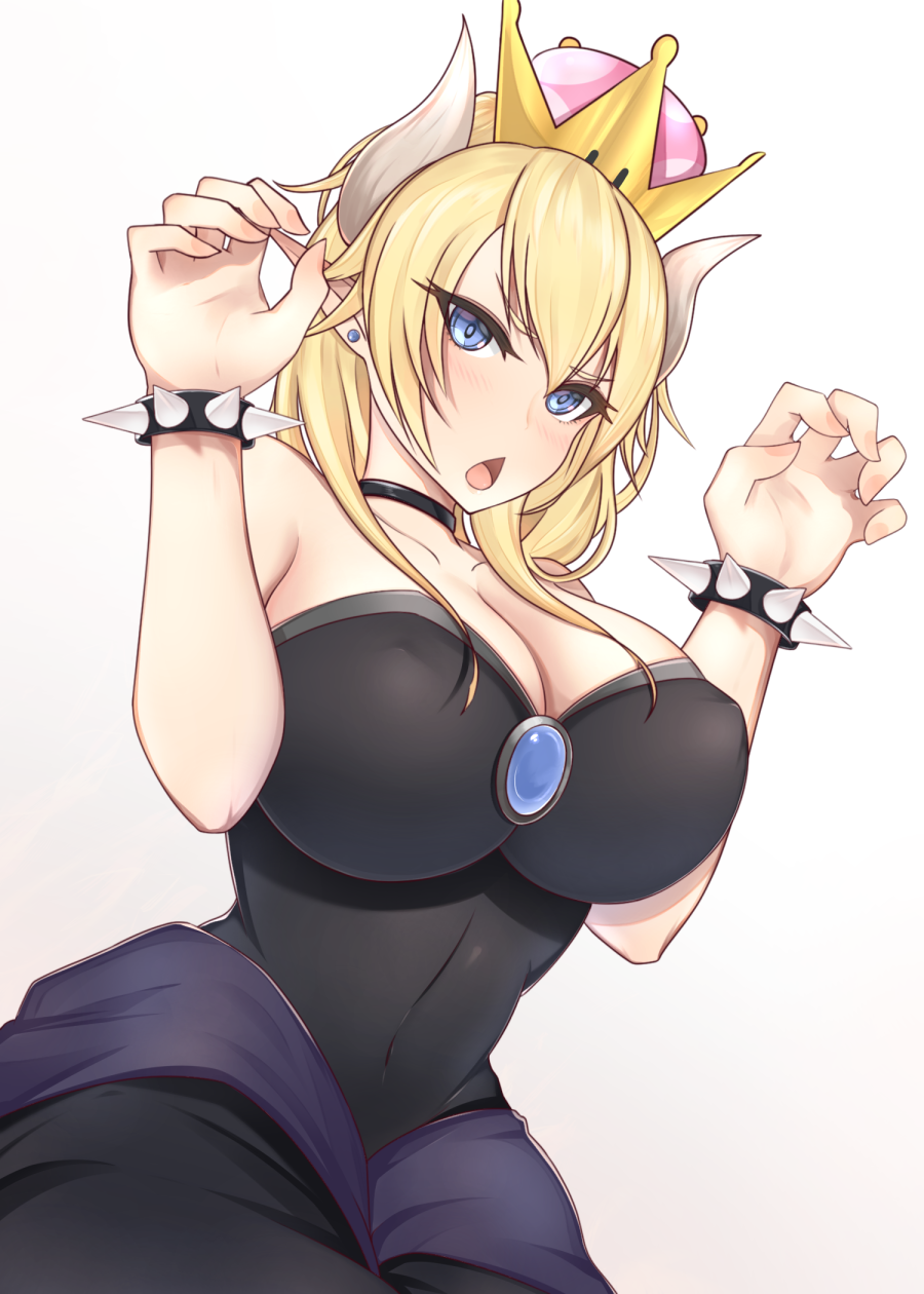 1girl bangs bare_shoulders black_collar black_dress blonde_hair blue_earrings blue_eyes blush bowsette bracelet breasts chichikoucha claw_pose cleavage collar covered_navel crown dress erect_nipples frown gem gradient gradient_background highres horns jewelry large_breasts long_hair looking_at_viewer super_mario_bros. new_super_mario_bros._u_deluxe nintendo pointy_ears solo spiked_bracelet spikes strapless strapless_dress super_crown