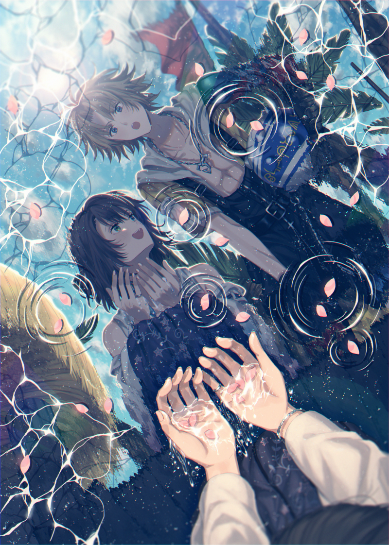 1boy 1girl ball blitzball blonde_hair blue_eyes blue_sky bracelet brown_hair detached_sleeves final_fantasy final_fantasy_x heterochromia hood hood_down humiyooo jewelry looking_at_another open_hands open_mouth overalls palm_tree petals pov reflection ripples short_hair sky smile sunlight tidus tree water yuna_(ff10)