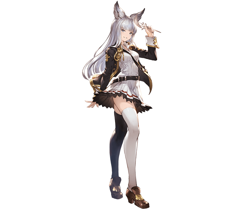 1girl alpha_transparency animal_ears bangs belt black_jacket black_legwear blazer blue_eyes blunt_bangs blush breasts brown_footwear dress erune full_body granblue_fantasy jacket korwa long_hair long_sleeves looking_at_viewer medium_breasts minaba_hideo mismatched_legwear official_art parted_lips quill school_uniform silver_hair smile solo standing thigh-highs transparent_background white_dress white_legwear zettai_ryouiki