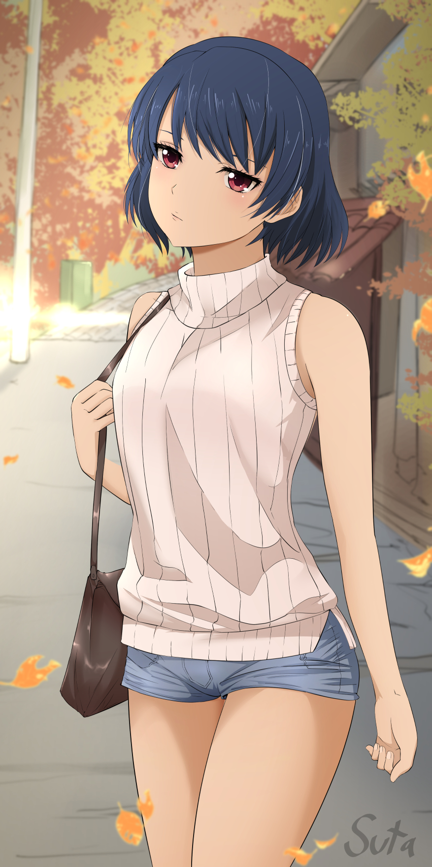 1girl autumn_leaves bag bangs bare_shoulders blue_hair blue_shorts bob_cut brown_bag building closed_mouth commentary domestic_na_kanojo expressionless falling_leaves hair_strand handbag head_tilt highres holding_strap lamppost leaf looking_at_viewer nekosuta path red_eyes ribbed_sweater road short_hair short_shorts shorts sleeveless sleeveless_turtleneck sweater turtleneck turtleneck_sweater unamused
