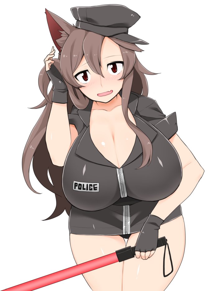 animal_ears black_headwear breasts brown_hair commentary_request dress fang fingerless_gloves gloves hat imaizumi_kagerou large_breasts long_hair police police_uniform policewoman red_eyes tight_dress touhou traffic_baton traffic_officer unadare uniform wolf_ears zipper