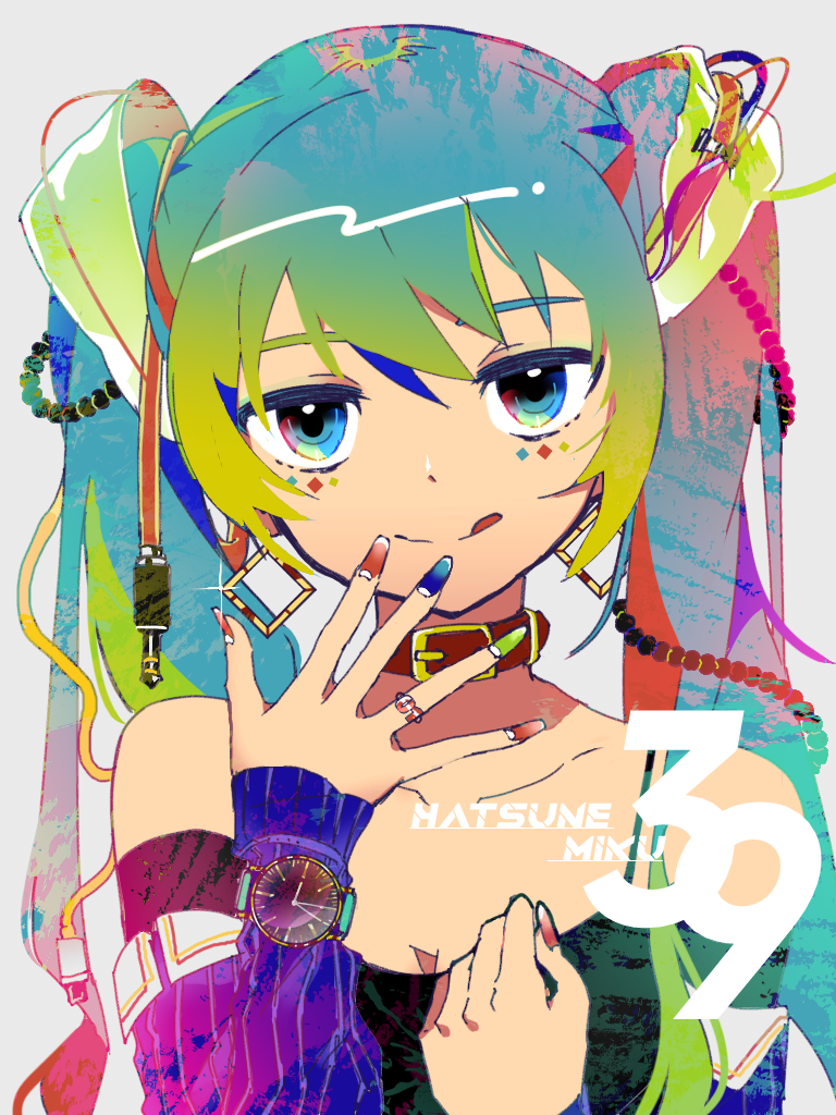 1girl 39 aqua_hair bare_shoulders blue_eyes breasts cable character_name cleavage collar collarbone commentary detached_sleeves earrings facial_tattoo fingers_to_mouth gradient_hair green_hair hair_ornament hand_on_own_chest hatsune_miku jewelry looking_at_viewer multicolored multicolored_eyes multicolored_hair multicolored_nails nail_polish ring smile solo sparkle tattoo tongue tongue_out twintails vocaloid watch wkchi