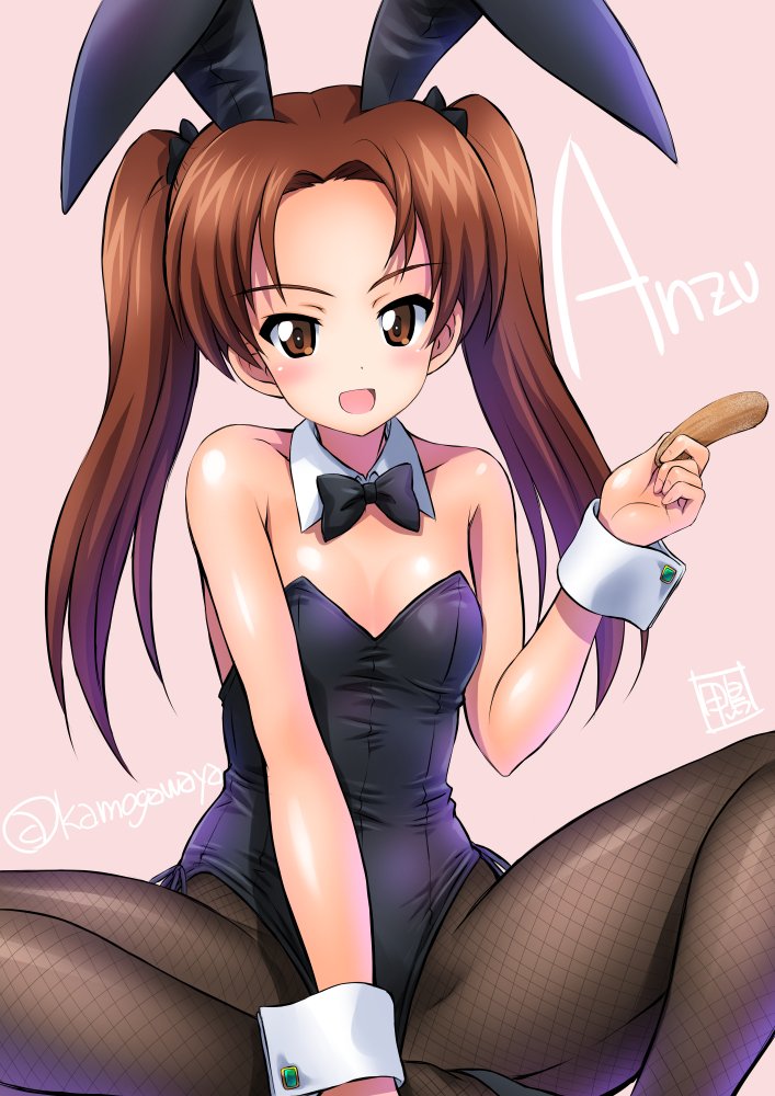 1girl :d alternate_costume animal_ears bangs bare_shoulders black_leotard blush bow bowtie breasts brown_eyes brown_hair bunnysuit character_name cleavage collarbone detached_collar fingernails fishnet_pantyhose fishnets food forehead girls_und_panzer hair_bow kadotani_anzu kamogawa_tanuki leotard long_hair open_mouth pantyhose parted_bangs pink_background rabbit_ears shiny shiny_clothes shiny_hair side-tie_leotard signature simple_background sitting small_breasts smile solo sweet_potato twintails twitter_username wrist_cuffs