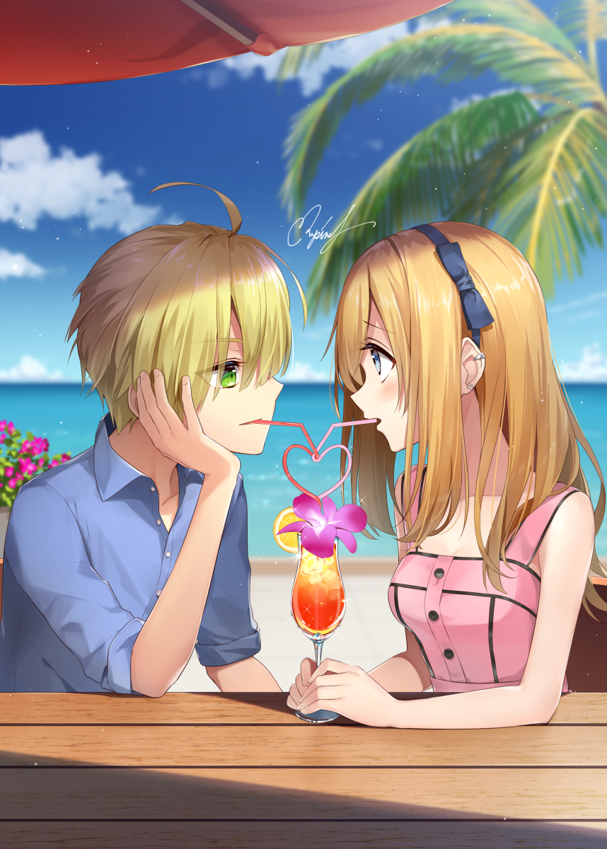 1boy 1girl ahoge beach blonde_hair blue_eyes blue_shirt blue_sky blurry blurry_background blush brown_hair clouds collared_shirt commentary_request couple creatures_(company) cup drink drinking drinking_glass drinking_straw earrings eye_contact flower game_freak gladio_(pokemon) green_eyes hairband hand_on_own_cheek hetero highres horizon jewelry long_hair looking_at_another mizuki_(pokemon) nintendo ocean open_collar palm_tree pink_flower pink_tank_top pokemon pokemon_(game) pokemon_sm profile rupinesu shirt signature sky sleeveless table tank_top tree wing_collar