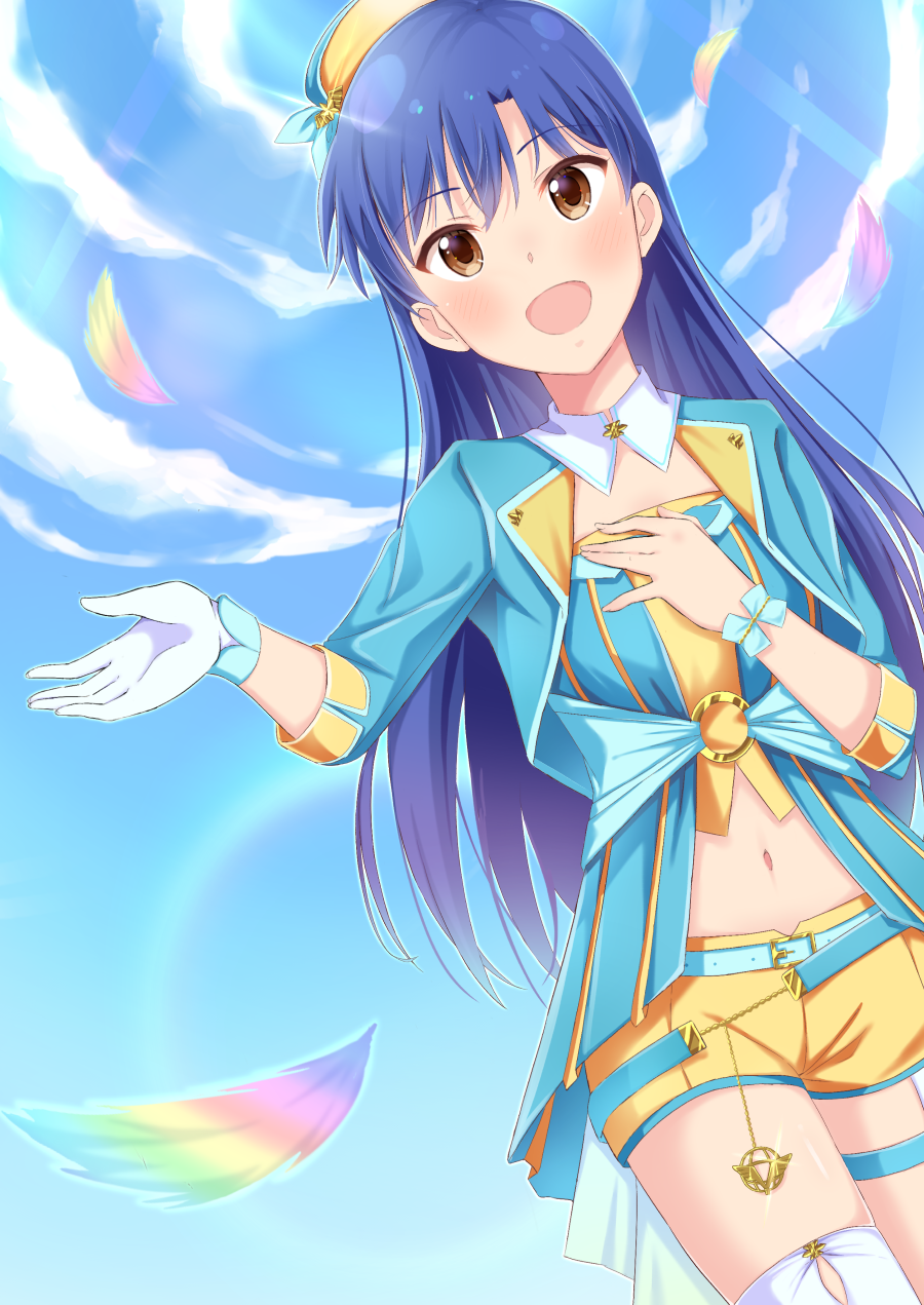 1girl :d blue_hair blue_sky blush brown_eyes clouds detached_collar dutch_angle feathers gloves hat highres idolmaster idolmaster_(classic) kisaragi_chihaya lens_flare long_hair long_sleeves midriff navel open_mouth short_shorts shorts sky smile solo standing stomach tktk135 very_long_hair white_gloves yellow_shorts