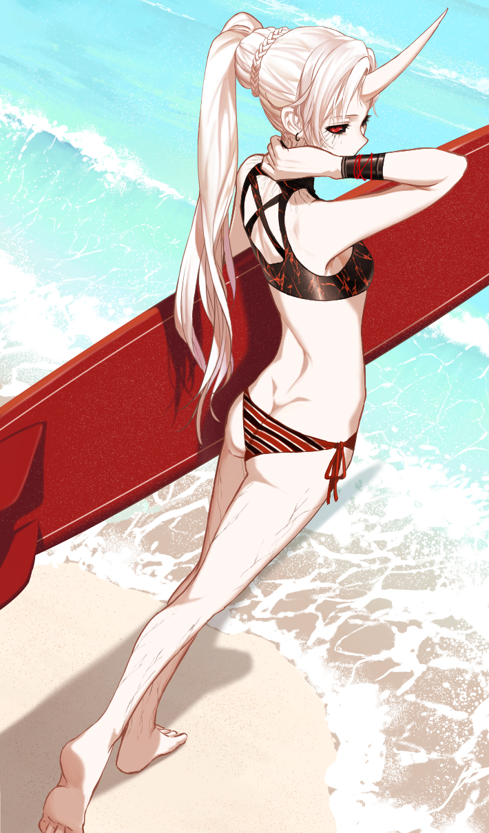 1girl barefoot beach bikini black_sclera bracelet dark_persona dishwasher1910 earrings full_body highres horn jewelry long_hair looking_at_viewer looking_back ponytail red_eyes rwby solo striped striped_bikini surfboard swimsuit veins water weiss_schnee white_hair white_skin