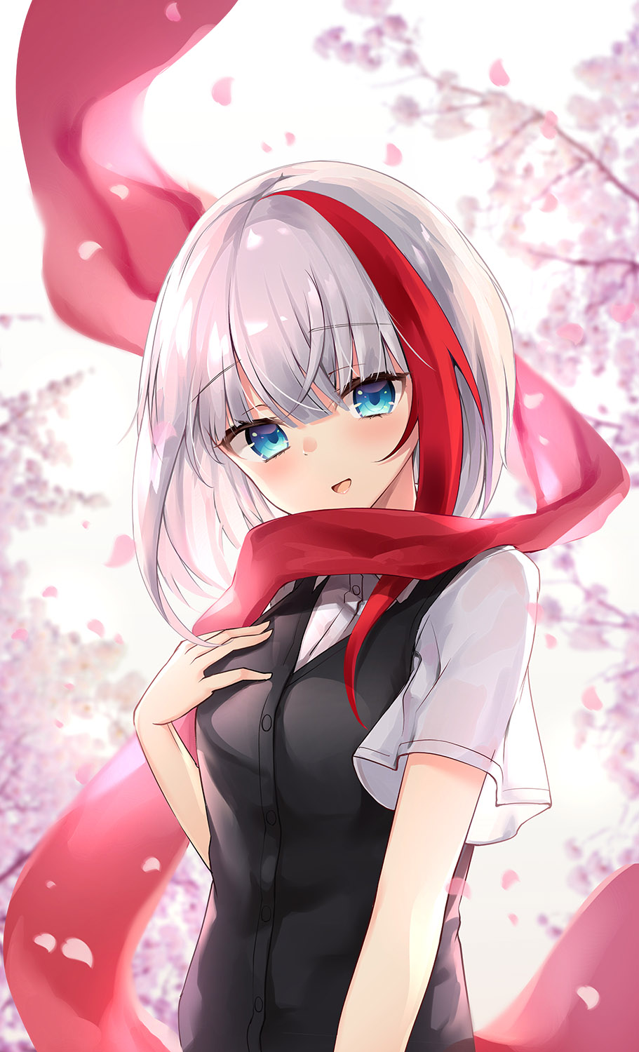 1girl :d admiral_graf_spee_(azur_lane) azur_lane bangs black_cat blue_eyes blurry blurry_background breasts cardigan cardigan_vest cat cherry_blossoms commentary_request depth_of_field dress_shirt eyebrows_visible_through_hair flower hair_between_eyes hand_up head_tilt highres looking_at_viewer multicolored_hair open_mouth oshishio petals pink_flower red_scarf redhead scarf shirt short_sleeves silver_hair small_breasts smile solo streaked_hair tree_branch upper_body white_shirt