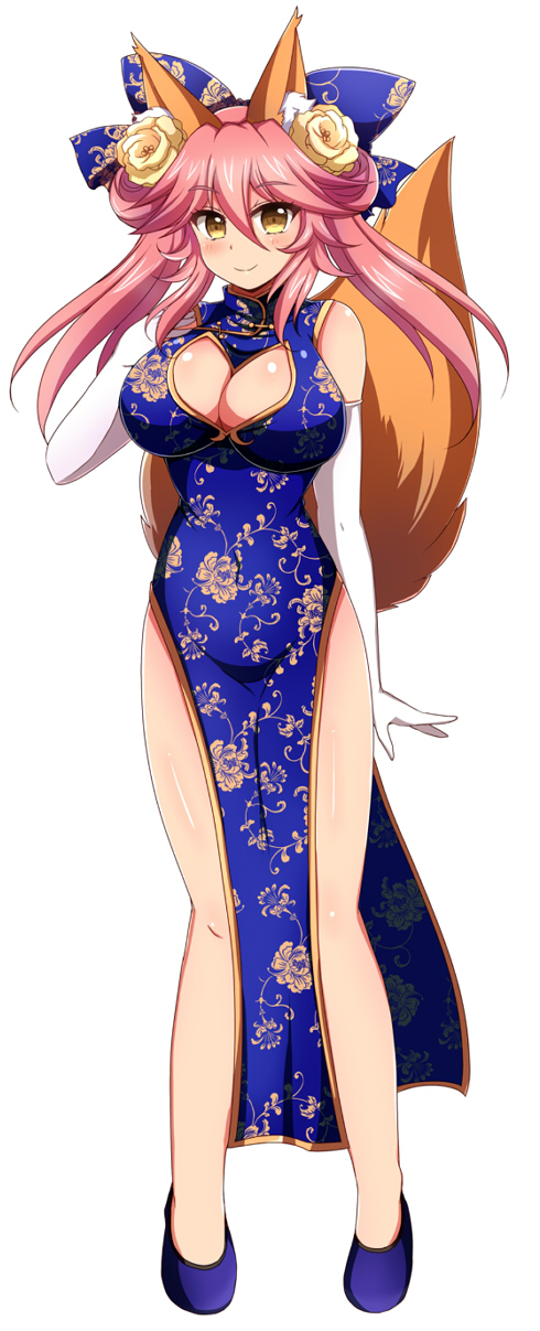 1girl afuro animal_ear_fluff animal_ears bare_shoulders blush breasts china_dress chinese_clothes cleavage cleavage_cutout dress fate/grand_order fate_(series) flower fox_ears fox_girl fox_tail full_body gloves hair_flower hair_ornament hair_ribbon highres large_breasts looking_at_viewer pink_hair ribbon simple_background smile solo tail tamamo_(fate)_(all) tamamo_no_mae_(fate) white_background white_gloves yellow_eyes