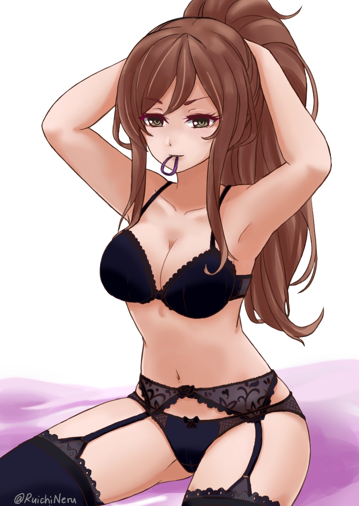 armpits bang_dream! blue_bra blue_legwear blue_panties bow bow_panties bra breasts brown_hair cleavage collarbone eriizane eyebrows_visible_through_hair garter_belt green_eyes high_ponytail long_hair medium_breasts mouth_hold navel panties parted_lips simple_background sitting thigh-highs twitter_username tying_hair underwear underwear_only very_long_hair white_background