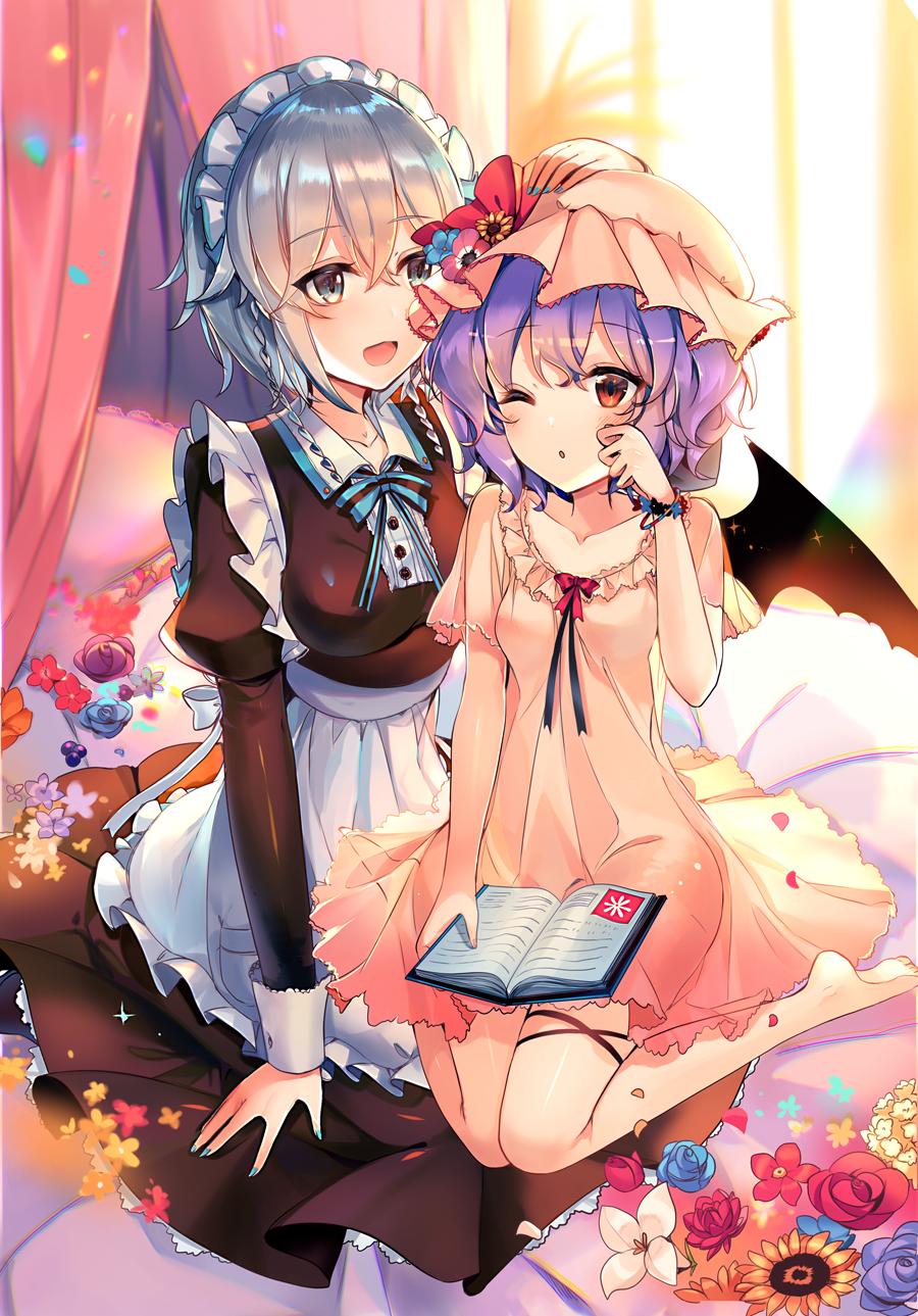 2girls :d ;o apron bangs barefoot bat_wings bed_sheet black_dress black_ribbon blue_eyes blue_flower blue_nails blue_neckwear blue_ribbon blue_rose blush book bow braid breasts commentary_request curtains dress eyebrows_visible_through_hair flower frilled_apron frilled_pillow frills hair_between_eyes hand_on_another's_head hand_up hat hat_flower hat_ribbon highres holding holding_book indoors izayoi_sakuya juliet_sleeves kirero lavender_hair long_sleeves looking_at_another maid maid_apron maid_headdress medium_breasts mob_cap multiple_girls nail_polish neck_ribbon one_eye_closed open_mouth orange_flower parted_lips petals petticoat pillow pink_dress pink_headwear puffy_sleeves purple_flower purple_rose red_bow red_eyes red_flower red_ribbon red_rose remilia_scarlet ribbon rose see-through short_hair short_sleeves silver_hair sitting small_breasts smile sunflower thigh_ribbon thighs touhou twin_braids waist_apron wariza white_apron white_flower wings