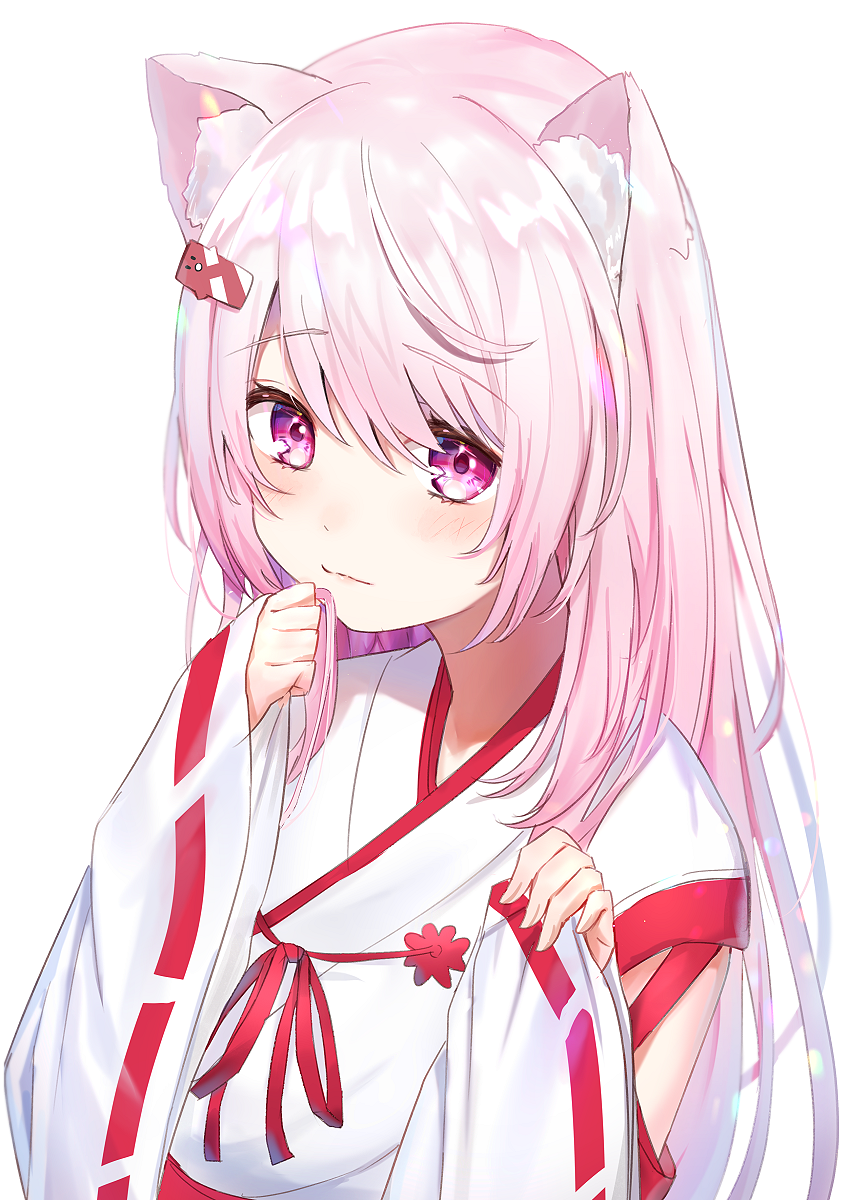 1girl animal_ear_fluff animal_ears bangs cat_ears commentary_request eyebrows_visible_through_hair hair_between_eyes hands_up highres japanese_clothes kimono long_hair long_sleeves nijisanji omelet_tomato pink_hair ribbon-trimmed_sleeves ribbon_trim shiina_yuika simple_background sleeves_past_wrists solo upper_body very_long_hair violet_eyes virtual_youtuber white_background white_kimono wide_sleeves