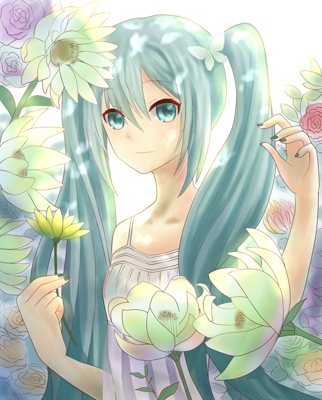 1girl 23-0 blue_eyes blue_hair blue_nails eyebrows_visible_through_hair floating_hair flower hair_between_eyes hatsune_miku holding holding_flower long_hair looking_at_viewer nail_polish see-through shirt solo standing twintails upper_body very_long_hair vocaloid white_flower white_shirt yellow_flower