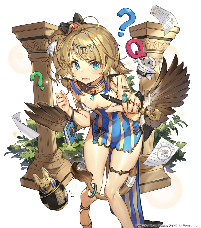 1girl :d ? ahoge ankh aqua_eyes bare_legs bare_shoulders black_bow blonde_hair blush bow breasts collar creature dress feathered_wings grass hair_bow hair_ornament hand_up hieroglyphics holding holding_pen index_finger_raised jewelry leaning_forward long_hair looking_at_viewer notebook official_art open_mouth paper pelvic_curtain pen pillar ring sandals side_ponytail side_slit small_breasts smile solo striped striped_dress tail thigh_strap thighs uchi_no_hime-sama_ga_ichiban_kawaii v-shaped_eyebrows watermark whoisshe wings