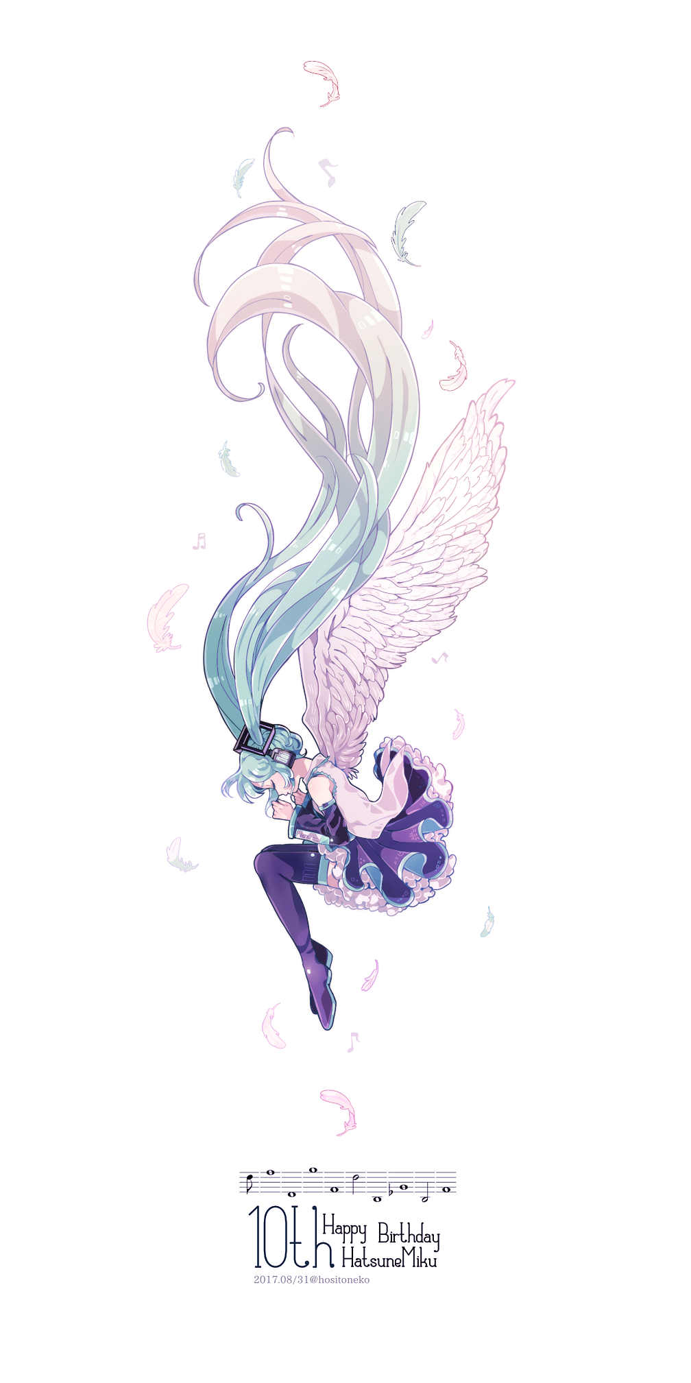 1girl 2017 angel_wings beamed_sixteenth_notes black_skirt blue_hair character_name closed_eyes dated detached_sleeves eighth_note expressionless falling feathered_wings feathers floating_hair frilled_skirt frills full_body grey_shirt happy_birthday hatsune_miku highres long_hair multicolored_hair musical_note pink_hair profile shirt simple_background skirt solo souno_kazuki thigh-highs twintails twitter_username two-tone_hair very_long_hair vocaloid white_background wings