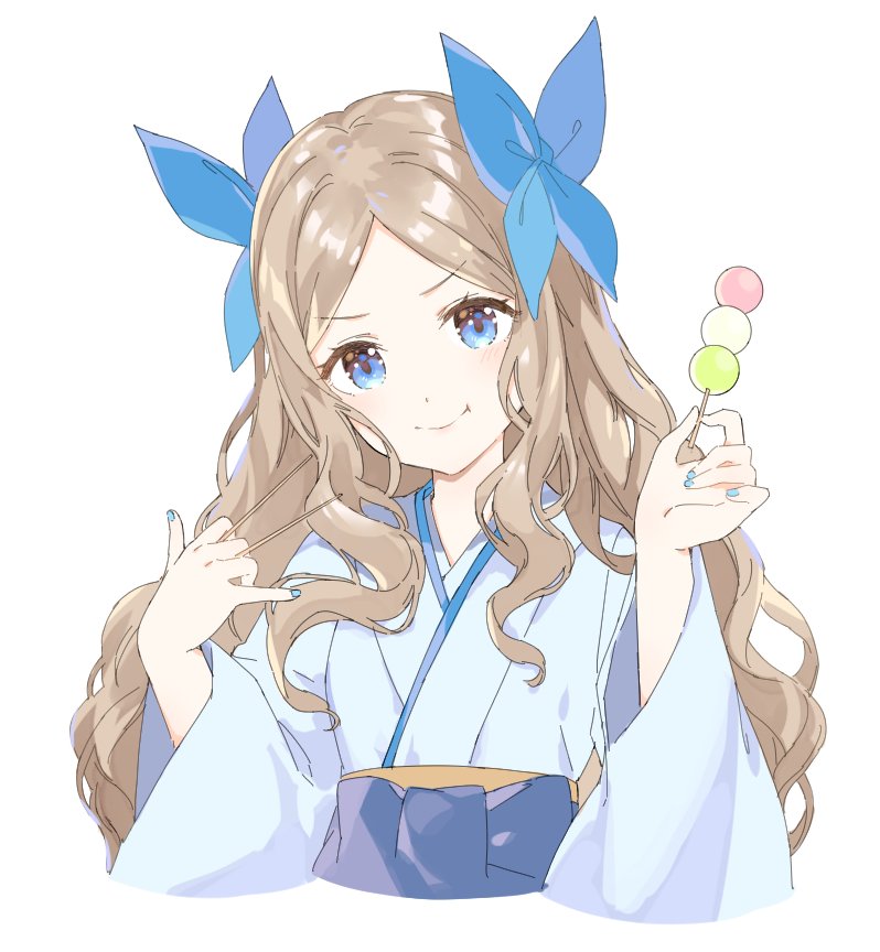 1girl asakaze_(kantai_collection) bangs blue_bow blue_hakama bow commentary_request forehead hair_bow hakama japanese_clothes kantai_collection kimono light_brown_hair long_hair looking_at_viewer meiji_schoolgirl_uniform parted_bangs shiosoda sidelocks simple_background smile solo wavy_hair white_background white_kimono