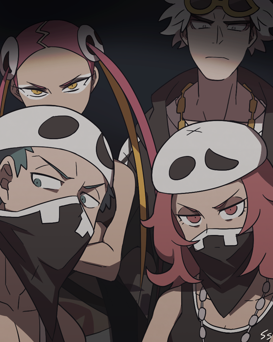 2boys 2girls blue_hair creatures_(company) game_freak guzma_(pokemon) multiple_boys multiple_girls nintendo pink_hair plumeri_(pokemon) pokemon pokemon_(game) pokemon_sm sunglasses team_skull_grunt white_hair