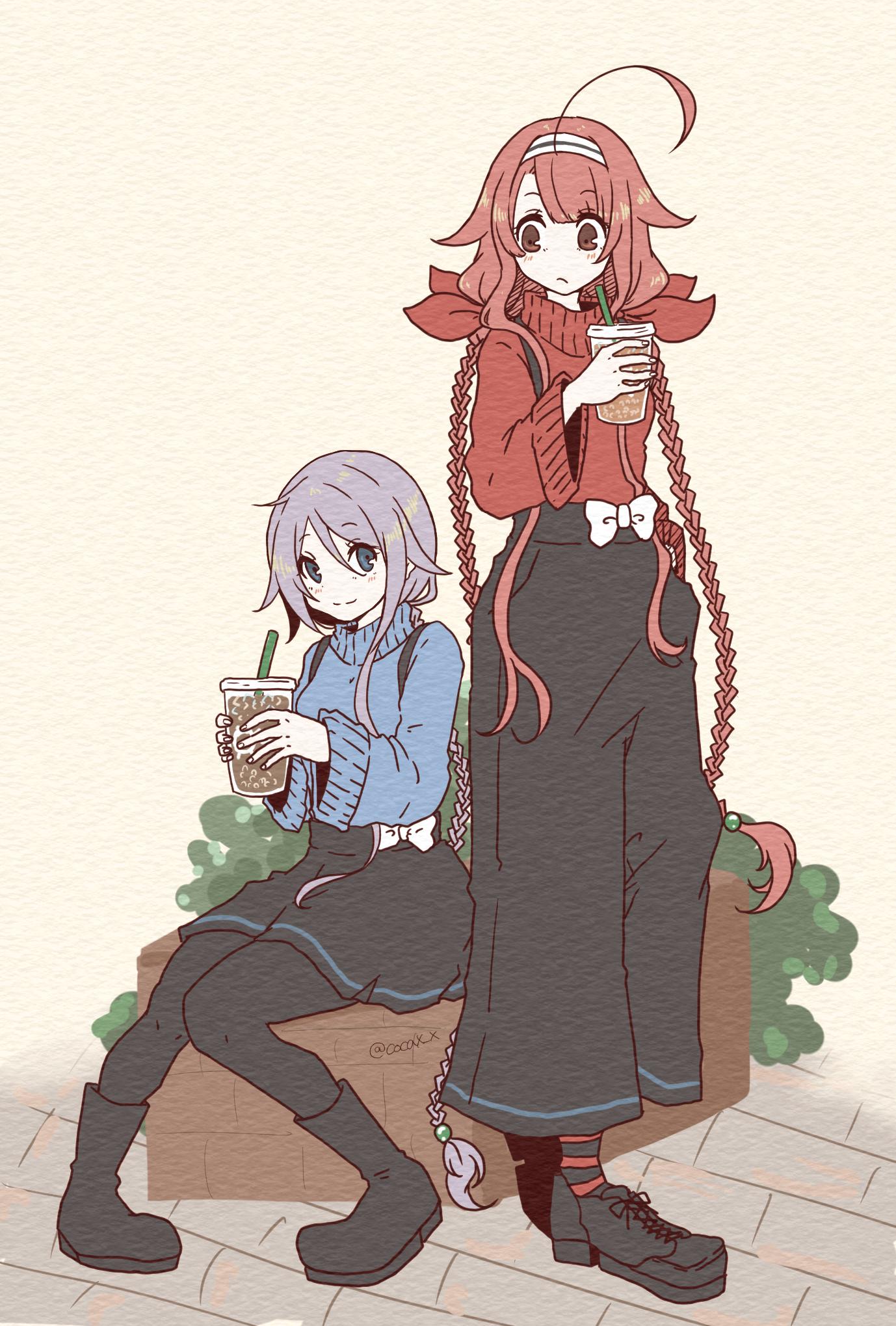 2girls ahoge alternate_costume bangs black_footwear black_legwear black_pants black_skirt blue_eyes blue_sweater braid cocax_x cup eyebrows_visible_through_hair full_body hair_between_eyes hair_ribbon hairband highres holding holding_cup kantai_collection kawakaze_(kantai_collection) long_hair long_sleeves low_twintails multiple_girls outdoors pants pantyhose parted_bangs red_eyes red_sweater redhead remodel_(kantai_collection) ribbon sidelocks silver_hair simple_background sitting skirt standing striped striped_legwear suspenders sweater turtleneck turtleneck_sweater twin_braids twintails twitter_username umikaze_(kantai_collection) very_long_hair white_background