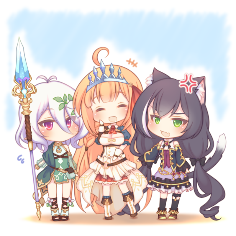 +++ 3girls :d ^_^ ahoge anger_vein animal_ear_fluff animal_ears antenna_hair asymmetrical_legwear black_bow black_hair black_legwear blue_legwear blue_sleeves blush boots bow brown_footwear brown_hair cat_ears cat_girl cat_tail chibi closed_eyes closed_eyes commentary_request detached_sleeves dress fang gloves green_dress green_eyes green_sleeves hair_bow hand_up holding holding_spear holding_weapon knee_boots kneehighs kokkoro_(princess_connect!) kyaru_(princess_connect) long_hair long_sleeves low_twintails multicolored_hair multiple_girls open_mouth pecorine pleated_skirt polearm princess_connect! princess_connect!_re:dive puffy_long_sleeves puffy_short_sleeves puffy_sleeves purple_skirt red_skirt ribbed_legwear sakurato_ototo_shizuku see-through see-through_sleeves shirt short_sleeves single_kneehigh single_thighhigh skirt sleeveless sleeveless_dress sleeveless_shirt sleeves_past_wrists smile spear streaked_hair tail tail_raised thigh-highs tiara twintails very_long_hair violet_eyes weapon white_footwear white_gloves white_hair white_shirt wide_sleeves