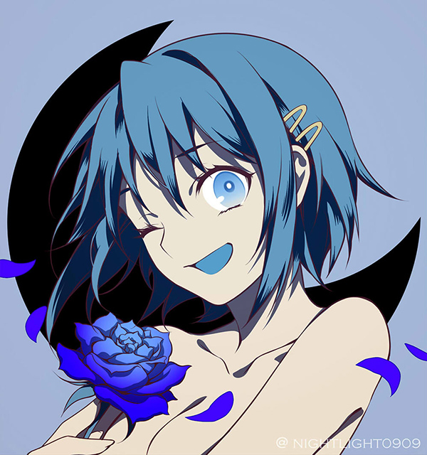 1girl :d blue blue_background blue_flower blue_hair blue_rose crescent flower hair_ornament hairclip holding holding_flower looking_at_viewer mahou_shoujo_madoka_magica miki_sayaka nightlight0909 one_eye_closed open_mouth petals rose short_hair smile solo twitter_username