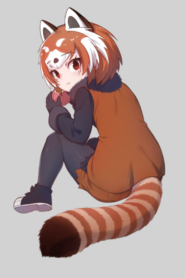 1girl animal_ears black_gloves black_legwear blush brown_eyes closed_mouth eating eyebrows_visible_through_hair food full_body gloves grey_background holding holding_food japari_bun kemono_friends lesser_panda_(kemono_friends) looking_at_viewer nyifu orange_hair panda_ears panda_tail pantyhose simple_background sitting solo tail white_hair