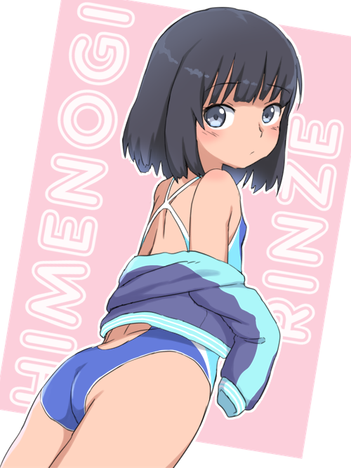 1girl ass bangs black_hair blue_eyes blue_swimsuit blunt_bangs blush bubukka character_name child eyebrows_visible_through_hair flat_ass from_behind himenogi_rinze looking_at_viewer love_r one-piece_swimsuit pink_background short_hair solo swimsuit