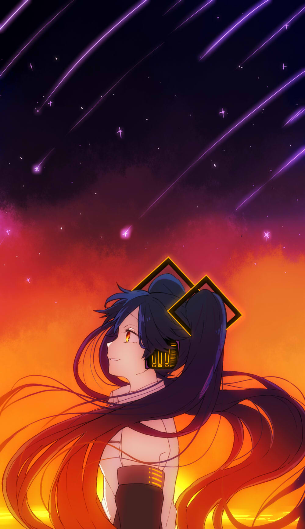 1girl alternate_color alternate_eye_color arm_at_side blue_hair detached_sleeves eiku eyebrows_visible_through_hair floating_hair glowing hatsune_miku headset highres light_smile long_hair looking_away night night_sky orange_sky profile red_sky shirt shooting_star sky solo standing star_(sky) starry_sky sunset twintails upper_body very_long_hair vocaloid white_shirt yellow_eyes