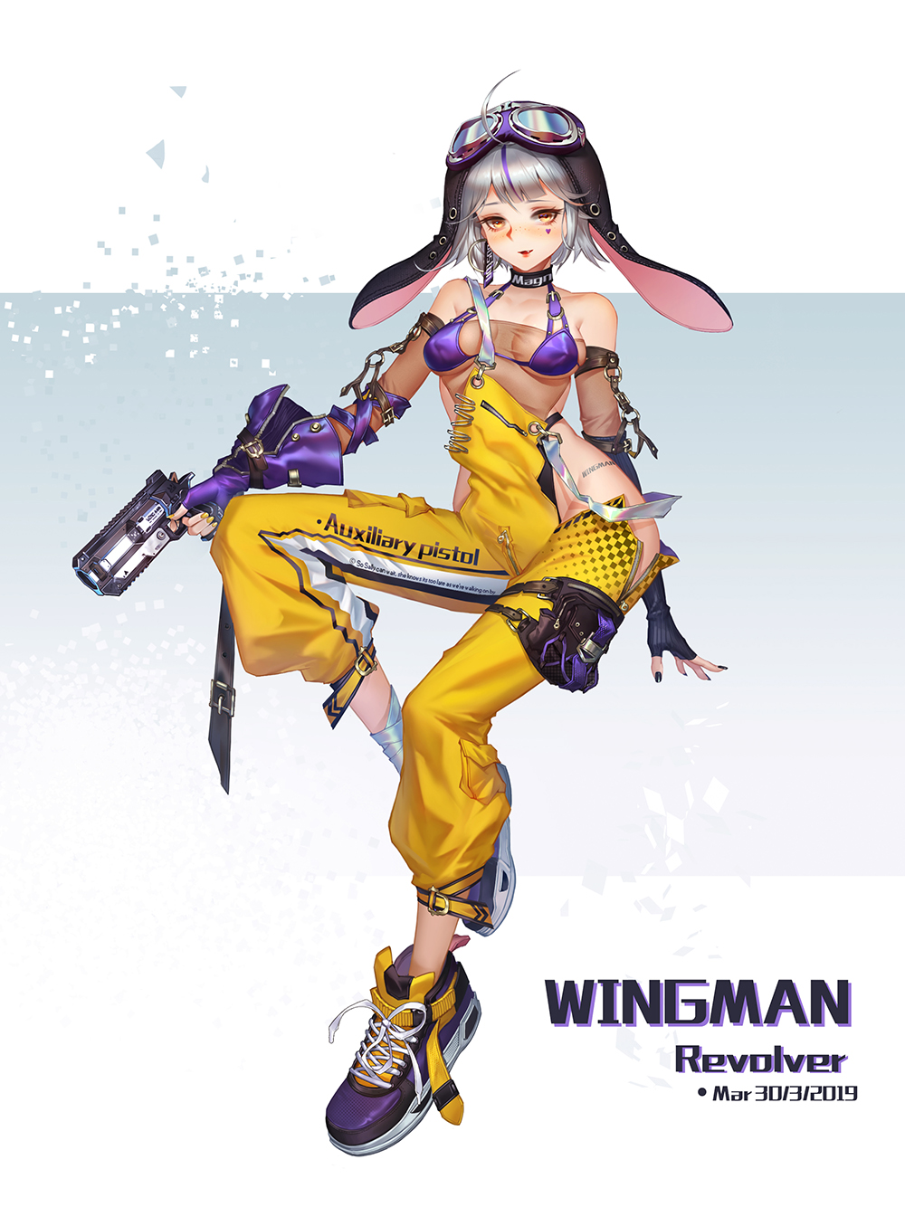 1girl 2019 apex_legends black_choker black_nails breasts breasts_apart choker clothes_writing commentary cross-laced_footwear dated earrings english_text eyelashes facial_tattoo fang fingerless_gloves fingernails full_body gloves goggles goggles_on_head groin gun halter_top halterneck handgun heart heart_tattoo highres holding holding_gun holding_weapon holster hoop_earrings jewelry looking_at_viewer medium_breasts nail_polish original overalls parted_lips personification pistol purple_bikini_top rainygo revolver shoelaces shoes silver_hair smile sneakers solo suspenders tattoo thigh_holster thigh_strap thigh_tattoo titanfall weapon yellow_eyes yellow_overalls
