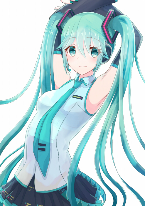 1girl 23-0 armpits arms_up black_skirt black_sleeves blue_eyes blue_nails blue_neckwear collared_shirt detached_sleeves eyebrows_visible_through_hair hair_between_eyes hatsune_miku long_hair long_sleeves looking_at_viewer microphone miniskirt nail_polish necktie pleated_skirt shiny shiny_hair shirt simple_background skirt sleeveless sleeveless_shirt smile solo standing twintails very_long_hair vocaloid white_background white_shirt wing_collar