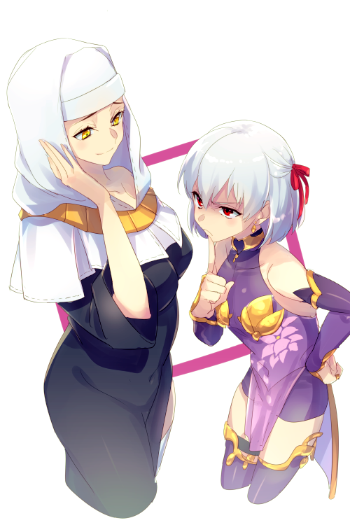 2girls breasts cis05 covered_navel detached_sleeves fate/grand_order fate_(series) finger_to_chin habit hair_ribbon jitome kama_(fate/grand_order) large_breasts multiple_girls red_eyes ribbon sesshouin_kiara short_hair small_breasts smile thigh-highs white_hair yellow_eyes