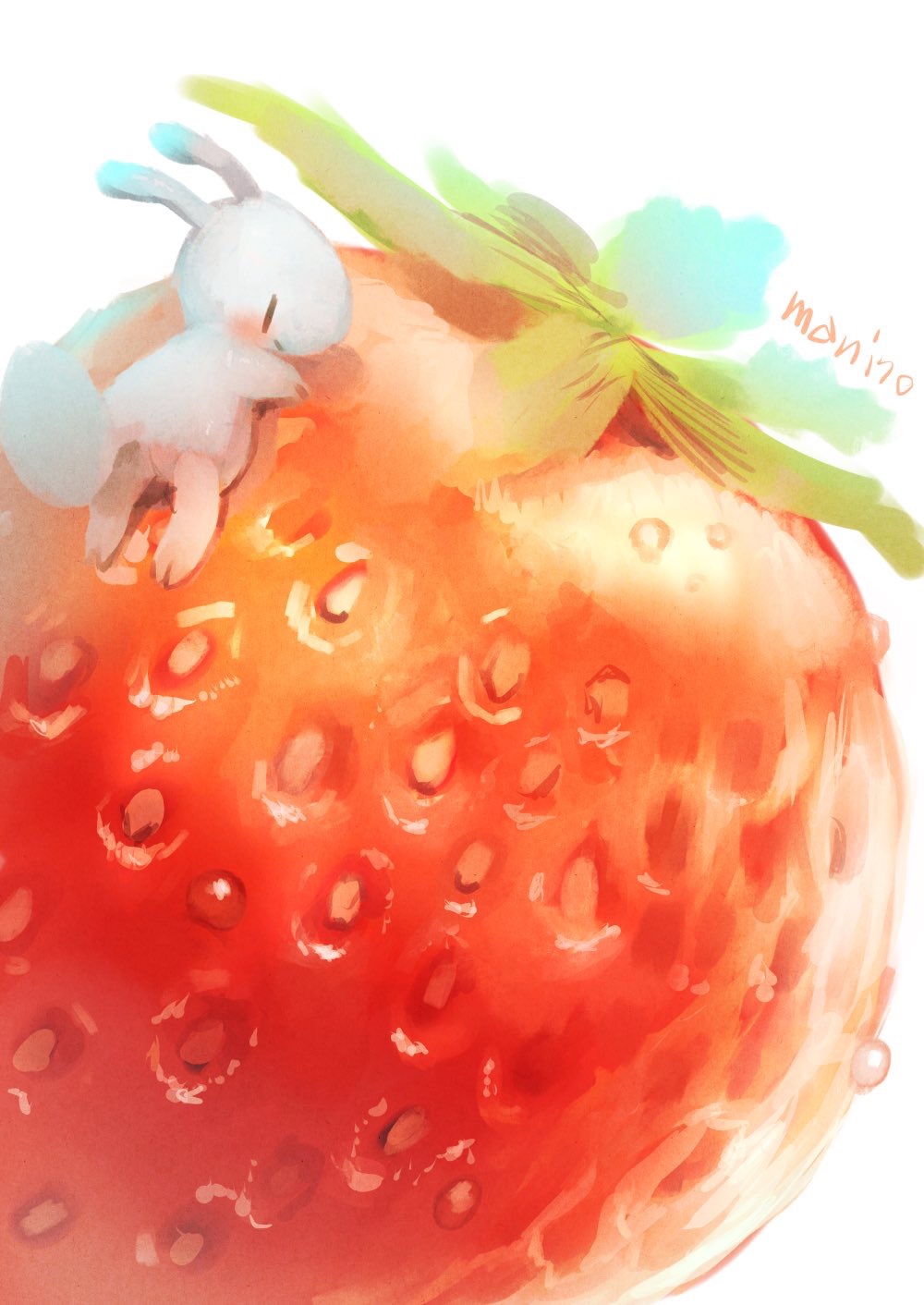 animal commentary_request food fruit highres manino_(mofuritaionaka) no_humans original oversized_food rabbit signature simple_background strawberry white_background