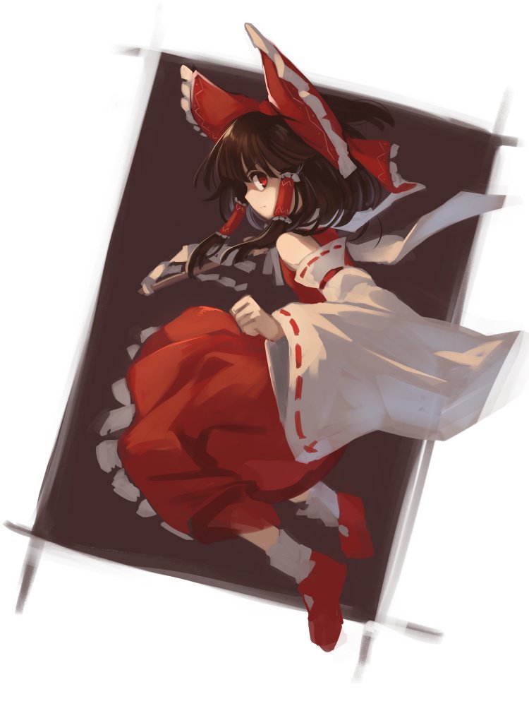 1girl asutora bangs bow brown_hair clenched_hand commentary_request detached_sleeves from_side gohei hair_bow hair_tubes hakurei_reimu half_updo holding long_sleeves mary_janes petticoat profile red_bow red_eyes red_footwear red_skirt ribbon-trimmed_sleeves ribbon_trim shide shoes short_hair sidelocks simple_background skirt socks solo touhou white_background white_legwear wide_sleeves