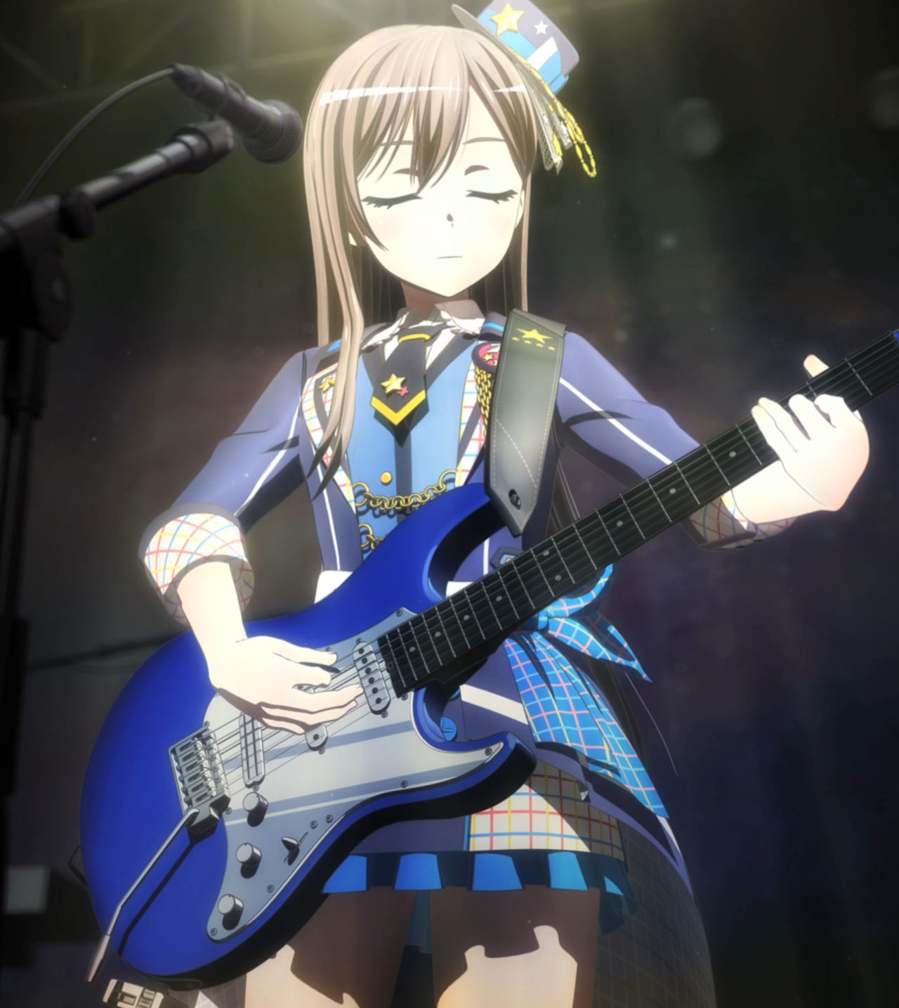 1girl 3d bang_dream! brown_hair closed_eyes electric_guitar guitar hanazono_tae highres instrument long_hair screencap stitched third-party_edit third-party_source