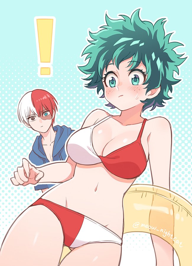 ! 1boy 1girl @ artist_name bare_arms bare_shoulders bikini blue_eyes blue_jacket blush boku_no_hero_academia breasts burn_scar cleavage collarbone commentary_request eyebrows_visible_through_hair freckles genderswap genderswap_(mtf) green_eyes green_hair heterochromia holding holding_innertube innertube jacket large_breasts looking_at_another looking_at_viewer messy_hair midoriya_izuku multicolored_hair navel nightcat red_eyes redhead scar short_hair solo_focus swimsuit todoroki_shouto two-tone_bikini two-tone_hair white_hair