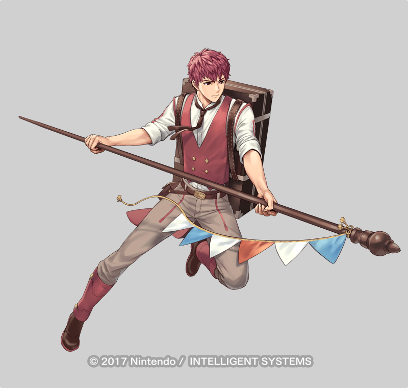 1boy bag belt boots cuboon fire_emblem fire_emblem_echoes:_mou_hitori_no_eiyuuou fire_emblem_heroes full_body grey_background lukas_(fire_emblem) male_focus necktie nintendo official_art red_eyes redhead solo staff