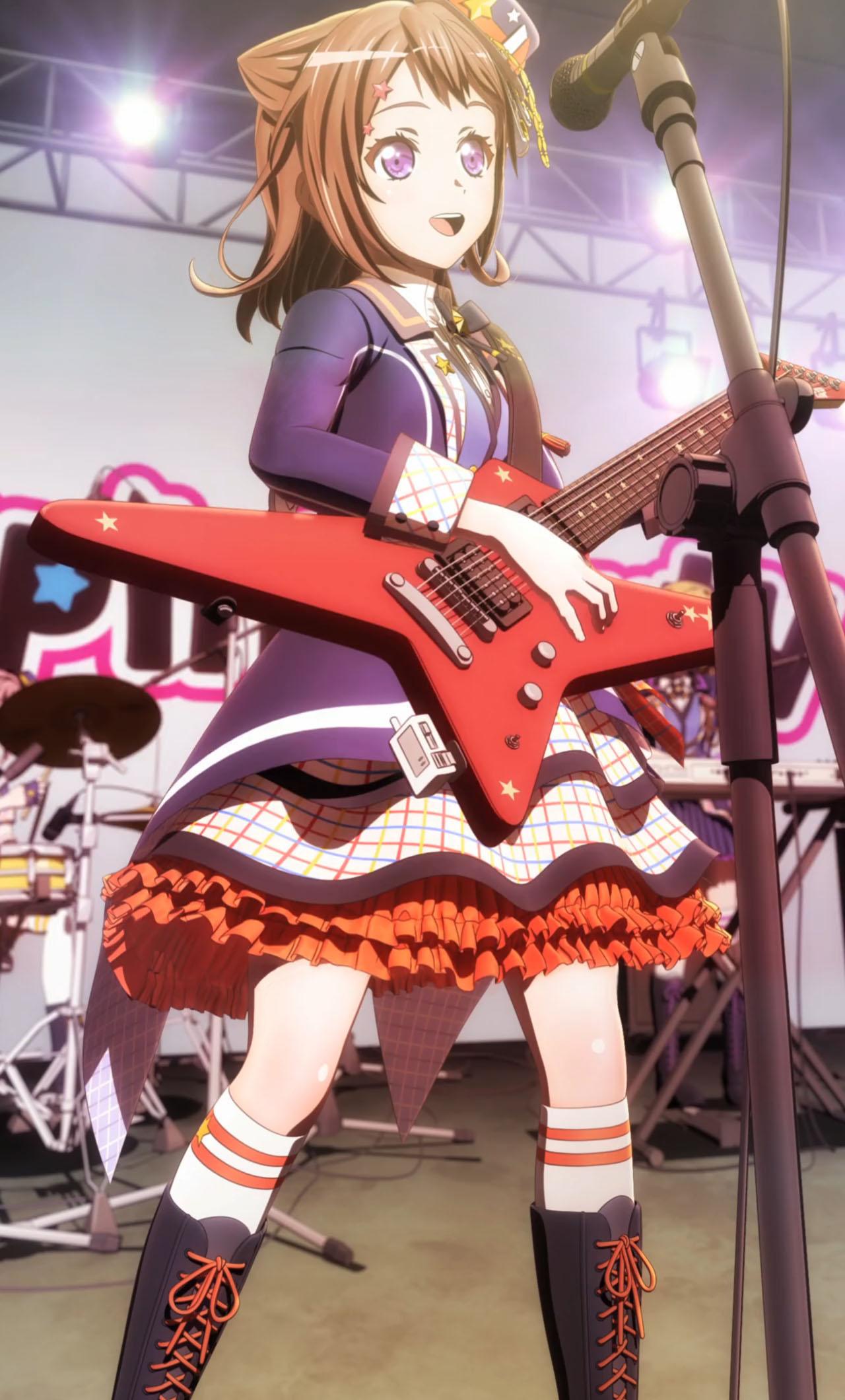1girl bang_dream! bare_legs black_footwear boots brown_hair cross-laced_footwear dress electric_guitar frilled_skirt frills guitar highres instrument knee_boots lace-up_boots layered_dress screencap short_hair skirt socks stitched thigh-highs thigh_boots third-party_edit third-party_source toyama_kasumi violet_eyes