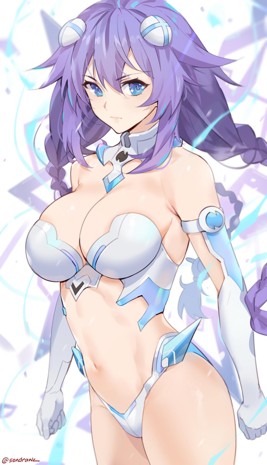 1girl armor artist_name bare_shoulders bikini_armor blue_eyes braid breasts cleavage closed_mouth cowboy_shot detached_collar elbow_gloves gloves hair_ornament highres large_breasts long_hair looking_at_viewer midriff navel neptune_(series) purple_heart sendrawz sidelocks skindentation solo symbol-shaped_pupils twin_braids twitter_username white_gloves